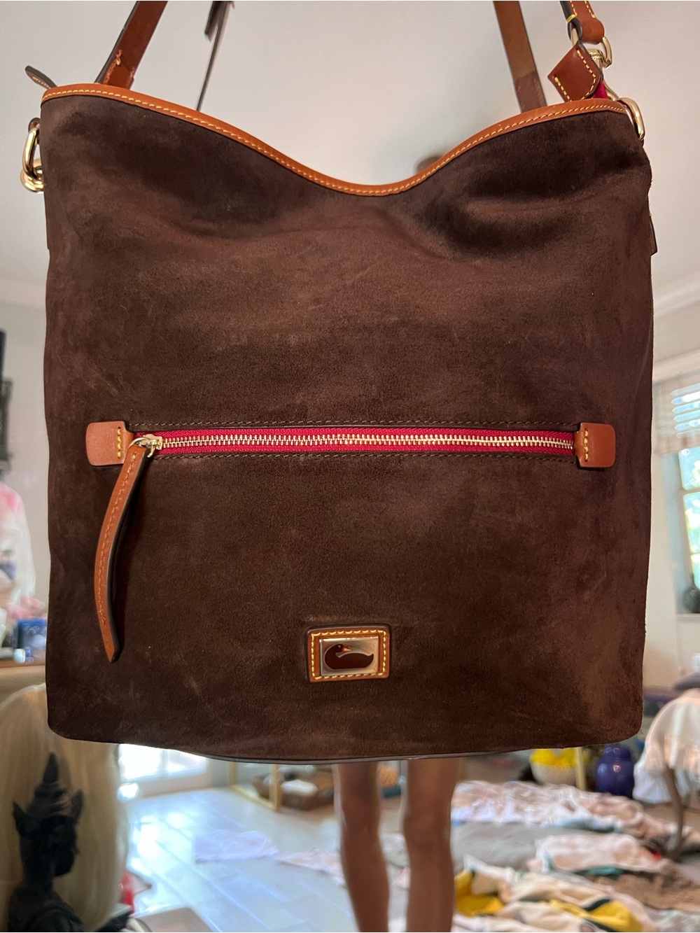 Beautiful& Classy Dooney Bourke Suede Shoulder Bag with Red Zip Great condition
